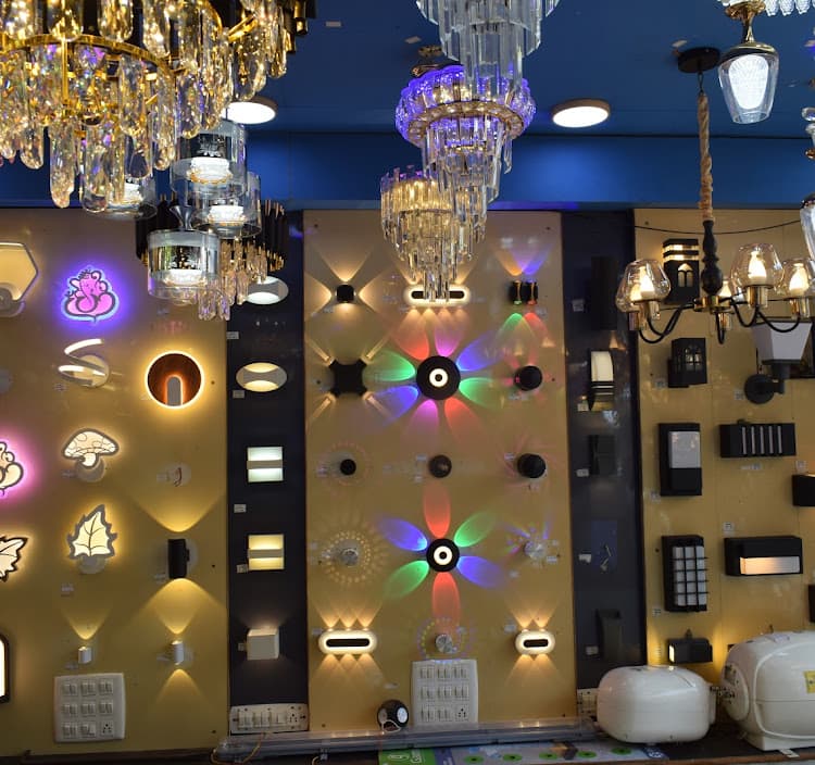 Wall of switches, modular plates and LED fittings in the showroom